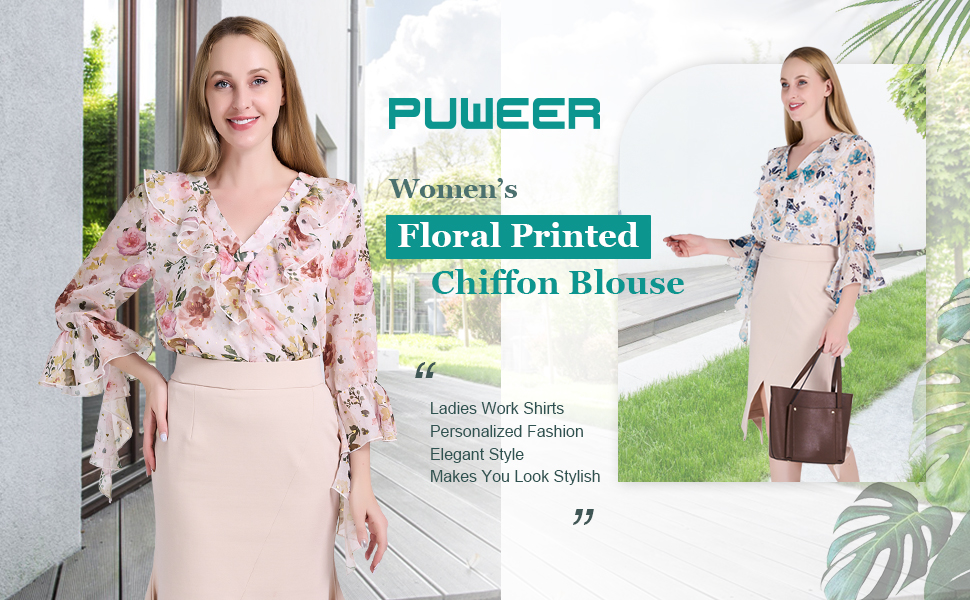 PUWEER Chiffon Blouses for Women Ruffle 3/4 Sleeve V Neck Floral